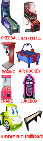 Call For Pricing and photos----Skeeball, Claw Machine, Shuffle Board, Boxing Game, Air Hockey , Basketball, kiddie Rides & Coin Pusher