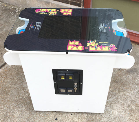 MS PACMAN COCKTAIL ARCADE IN WHITE , PLAYS MS PACMAN AND GALAGA TOO-FREE SHIPPING- 1 YEAR PARTS WARRANTY