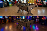 Foosball Table with Modern Brown Wood and X-Leg Design  – Custom Artwork Available
