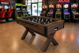 Foosball Table with Modern Brown Wood and X-Leg Design  – Custom Artwork Available