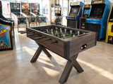 Foosball Table with Modern Brown Wood and X-Leg Design  – Custom Artwork Available