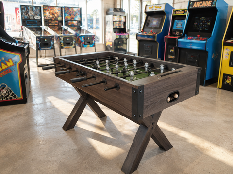 Foosball Table with Modern Brown Wood and X-Leg Design  – Custom Artwork Available