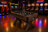 Foosball Table with Modern Brown Wood and X-Leg Design  – Custom Artwork Available